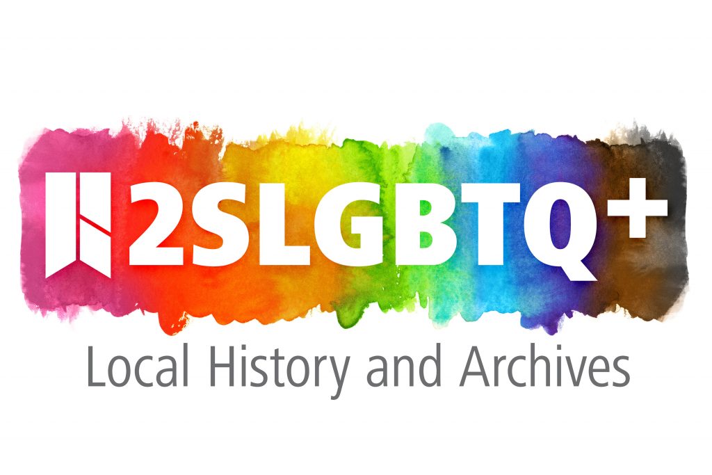 A logo of Hamilton Public Library 2SLGBTQ+ Local History and Archives, which is the HPL logo and the initialiism over a rainbow painted in watercolour.